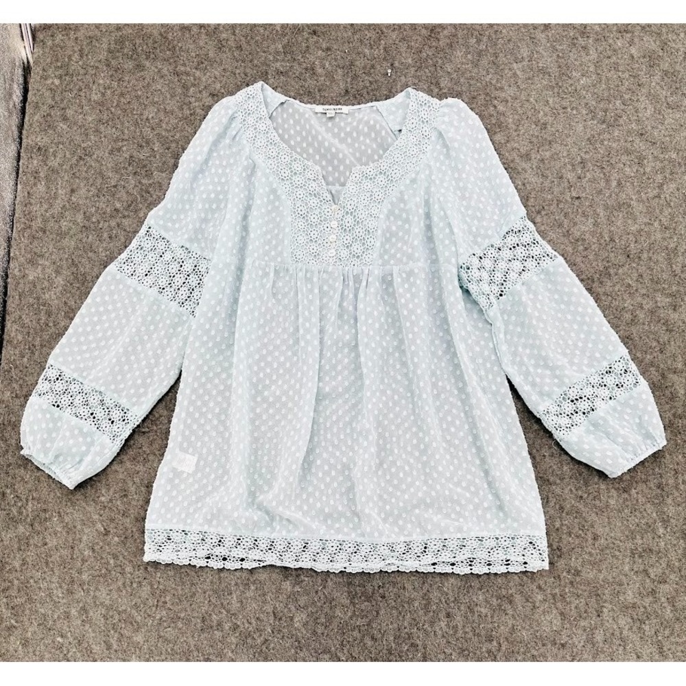 Daniel Rainn Blouse Women Size M Light Blue Swiss Dot Lace Boho Peasant Top Shee